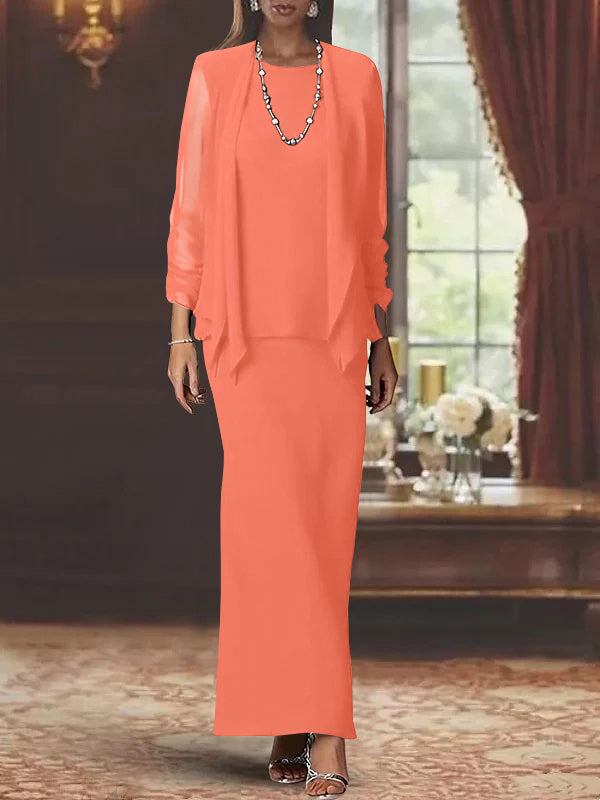3 Piece Dress Set Sheath/Column Scoop Neck Long Sleeves Floor-Length Mother of the Bride Dresses with Jacket