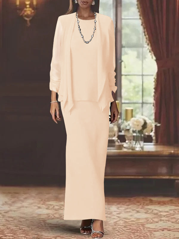 3 Piece Dress Set Sheath/Column Scoop Neck Long Sleeves Floor-Length Mother of the Bride Dresses with Jacket