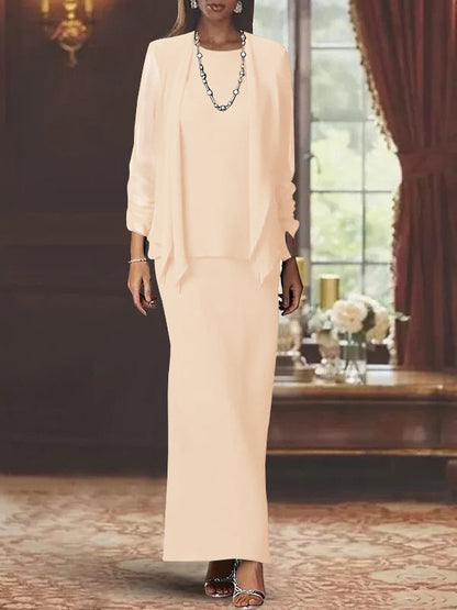 3 Piece Dress Set Sheath/Column Scoop Neck Long Sleeves Floor-Length Mother of the Bride Dresses with Jacket