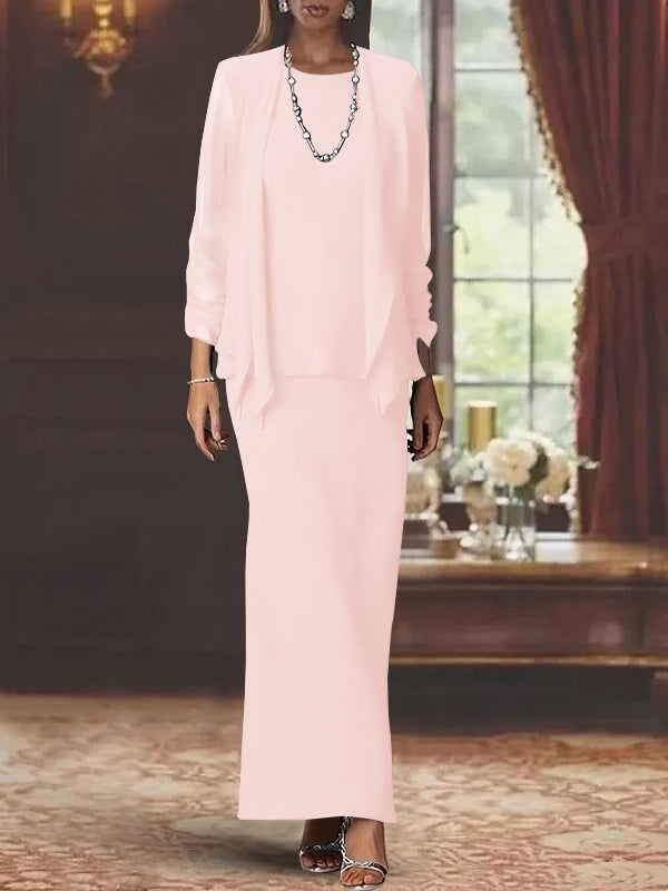 3 Piece Dress Set Sheath/Column Scoop Neck Long Sleeves Floor-Length Mother of the Bride Dresses with Jacket