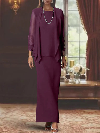 3 Piece Dress Set Sheath/Column Scoop Neck Long Sleeves Floor-Length Mother of the Bride Dresses with Jacket