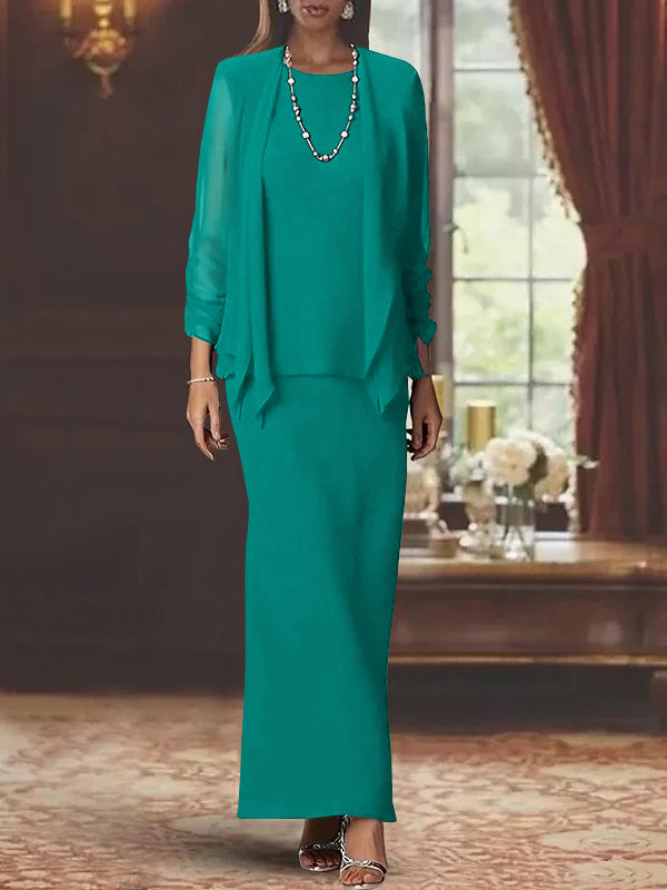 3 Piece Dress Set Sheath/Column Scoop Neck Long Sleeves Floor-Length Mother of the Bride Dresses with Jacket
