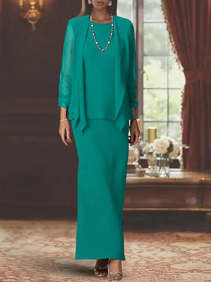 3 Piece Dress Set Sheath/Column Scoop Neck Long Sleeves Floor-Length Mother of the Bride Dresses with Jacket