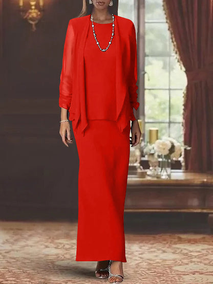 3 Piece Dress Set Sheath/Column Scoop Neck Long Sleeves Floor-Length Mother of the Bride Dresses with Jacket