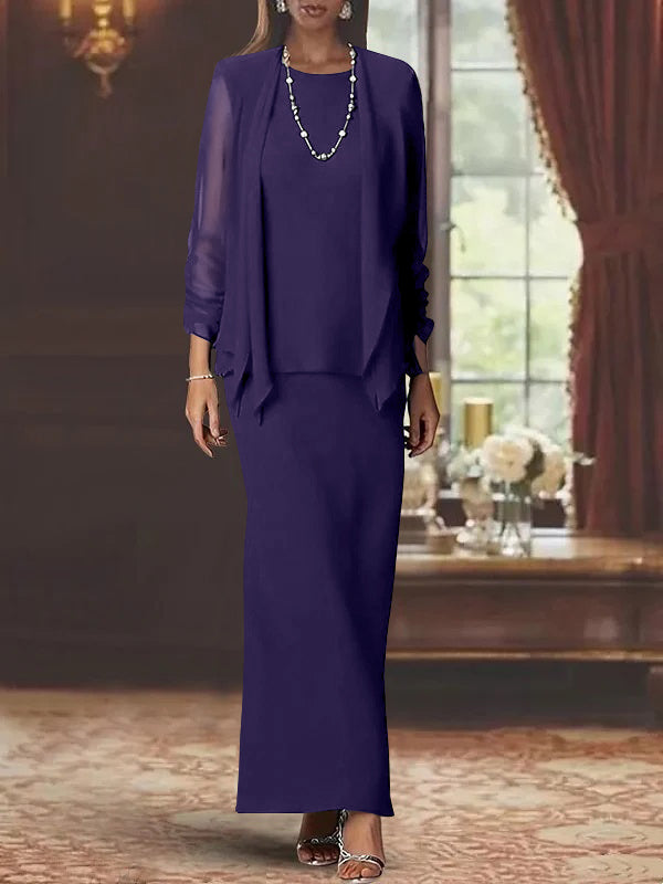 3 Piece Dress Set Sheath/Column Scoop Neck Long Sleeves Floor-Length Mother of the Bride Dresses with Jacket