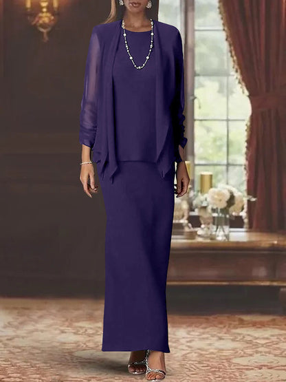 3 Piece Dress Set Sheath/Column Scoop Neck Long Sleeves Floor-Length Mother of the Bride Dresses with Jacket