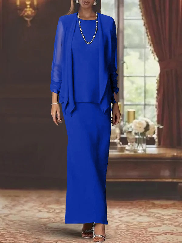 3 Piece Dress Set Sheath/Column Scoop Neck Long Sleeves Floor-Length Mother of the Bride Dresses with Jacket