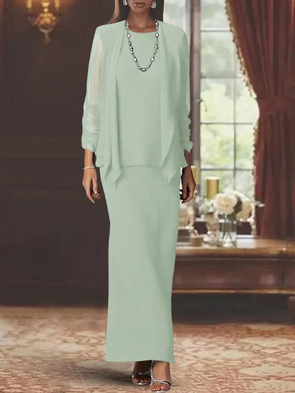 3 Piece Dress Set Sheath/Column Scoop Neck Long Sleeves Floor-Length Mother of the Bride Dresses with Jacket