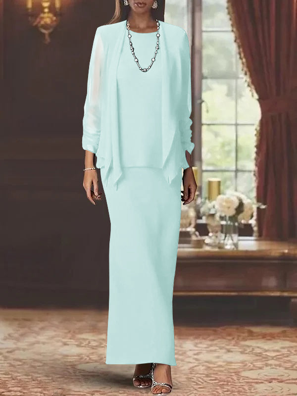 3 Piece Dress Set Sheath/Column Scoop Neck Long Sleeves Floor-Length Mother of the Bride Dresses with Jacket