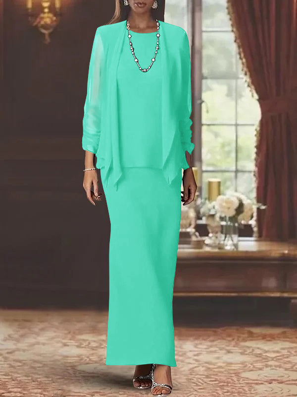 3 Piece Dress Set Sheath/Column Scoop Neck Long Sleeves Floor-Length Mother of the Bride Dresses with Jacket