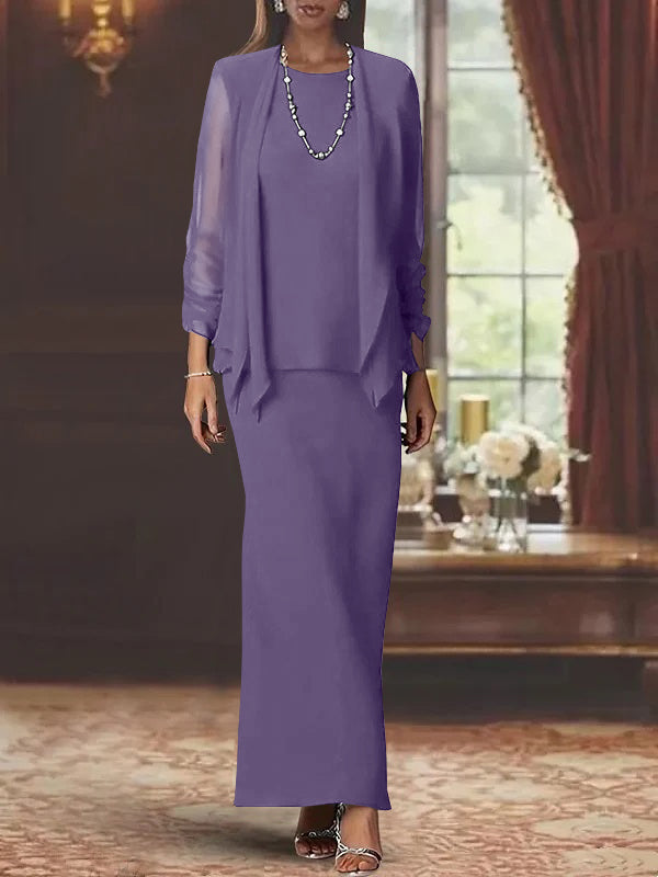 3 Piece Dress Set Sheath/Column Scoop Neck Long Sleeves Floor-Length Mother of the Bride Dresses with Jacket