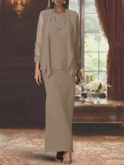 3 Piece Dress Set Sheath/Column Scoop Neck Long Sleeves Floor-Length Mother of the Bride Dresses with Jacket