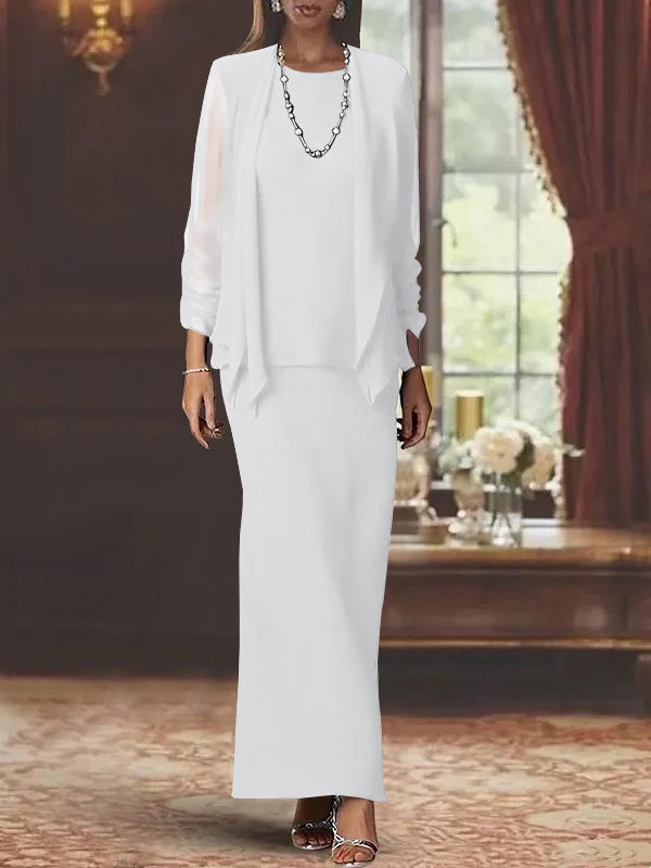 3 Piece Dress Set Sheath/Column Scoop Neck Long Sleeves Floor-Length Mother of the Bride Dresses with Jacket