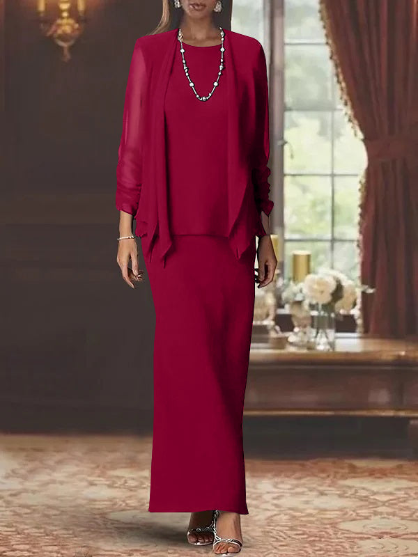 3 Piece Dress Set Sheath/Column Scoop Neck Long Sleeves Floor-Length Mother of the Bride Dresses with Jacket