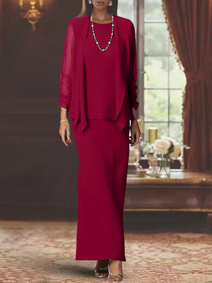 3 Piece Dress Set Sheath/Column Scoop Neck Long Sleeves Floor-Length Mother of the Bride Dresses with Jacket