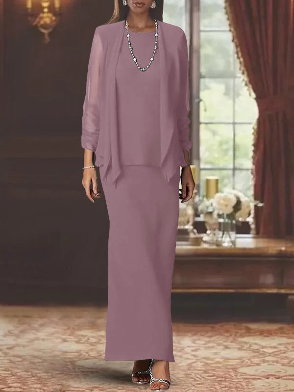 3 Piece Dress Set Sheath/Column Scoop Neck Long Sleeves Floor-Length Mother of the Bride Dresses with Jacket