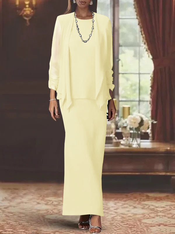 3 Piece Dress Set Sheath/Column Scoop Neck Long Sleeves Floor-Length Mother of the Bride Dresses with Jacket