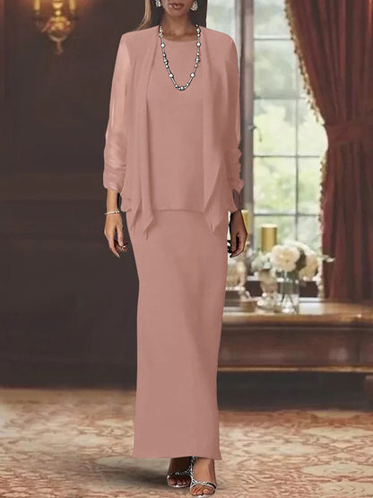 3 Piece Dress Set Sheath/Column Scoop Neck Long Sleeves Floor-Length Mother of the Bride Dresses with Jacket