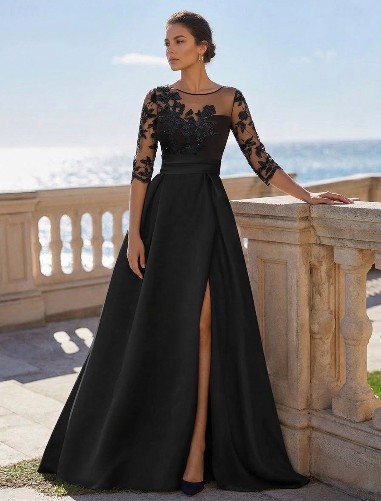 A-Line/Princess Sweetheart 3/4 Sleeves Floor-Length Mother Of The Bride Dresses With Lace & Split Side