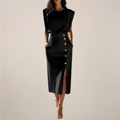 Elegant Midi Dress with Button Detail and Side Slit