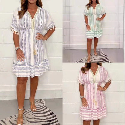 Tulum | Women's Boho Print Mini Dress V-Neck Tassel Summer