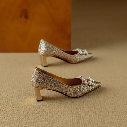 Stella | Women's Glitter Block Heel Pumps Pointed Toe Crystal Buckle