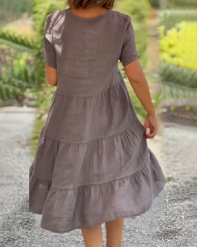 Cotton Linen Dress with V-Neck