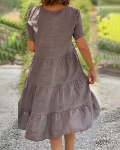Cotton Linen Dress with V-Neck