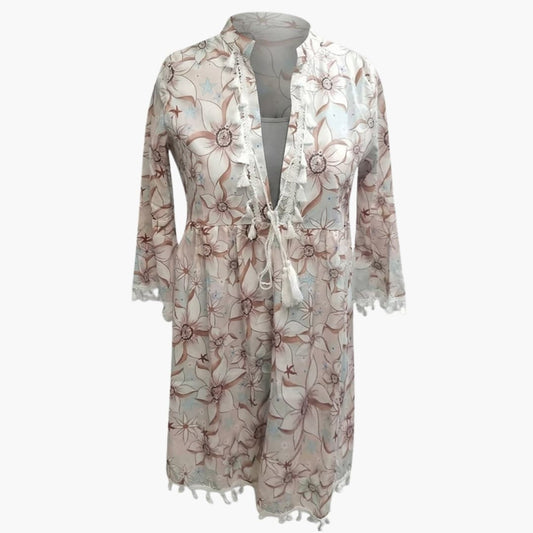 Women’s Beach Dress with High Collar and Floral Pattern