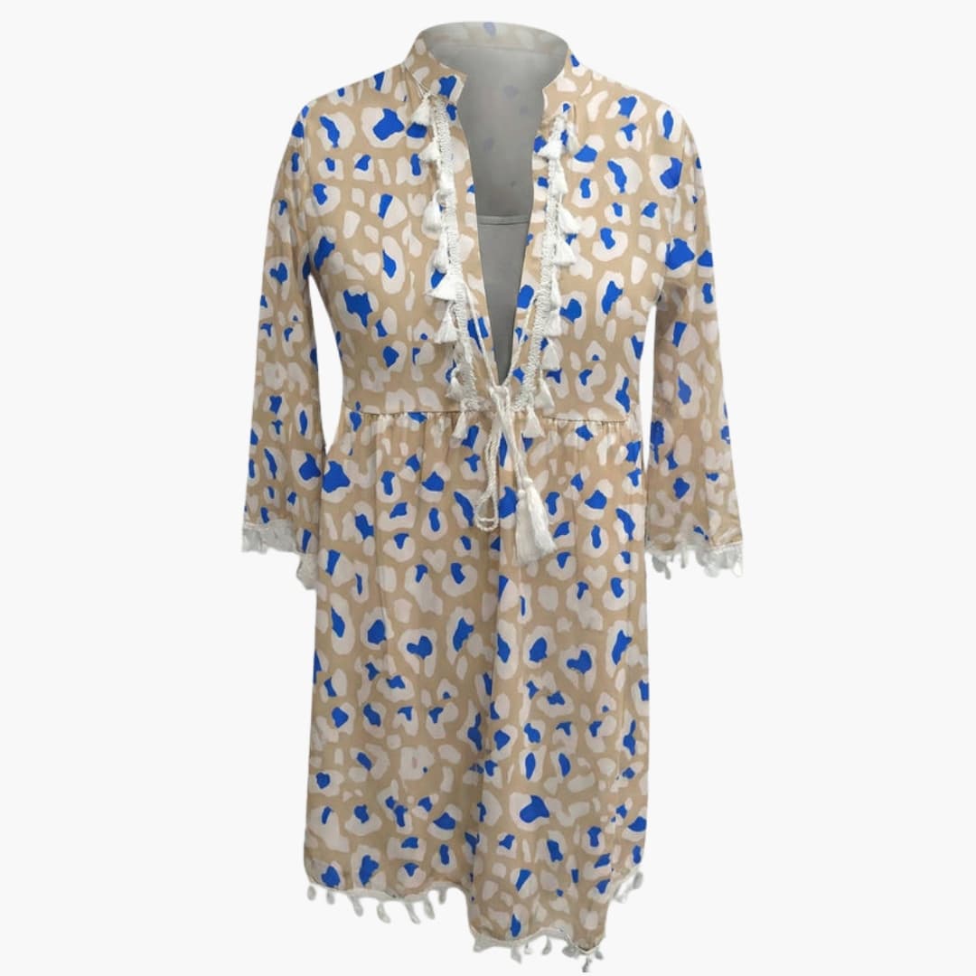 Women’s Beach Dress with High Collar and Floral Pattern