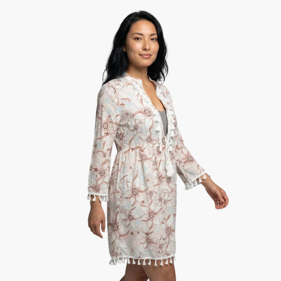 Women’s Beach Dress with High Collar and Floral Pattern