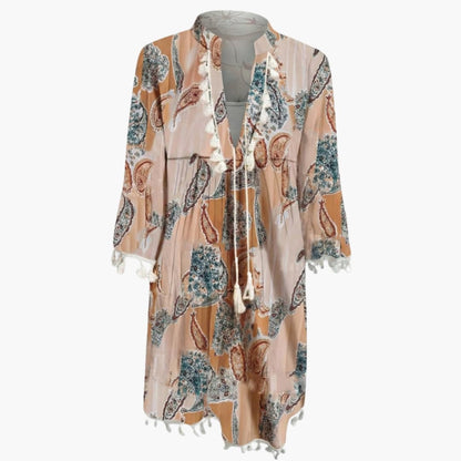 Women’s Beach Dress with High Collar and Floral Pattern