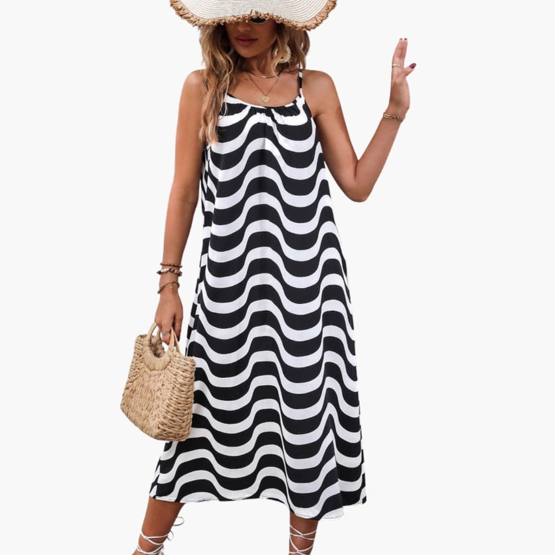 Women’s Beach Dress with Spaghetti Straps and Wave Pattern