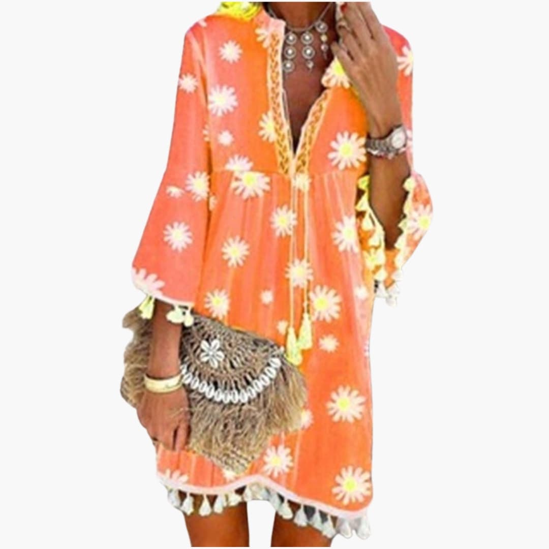 Women’s Beach Dress with V Neck and Tassel Hem