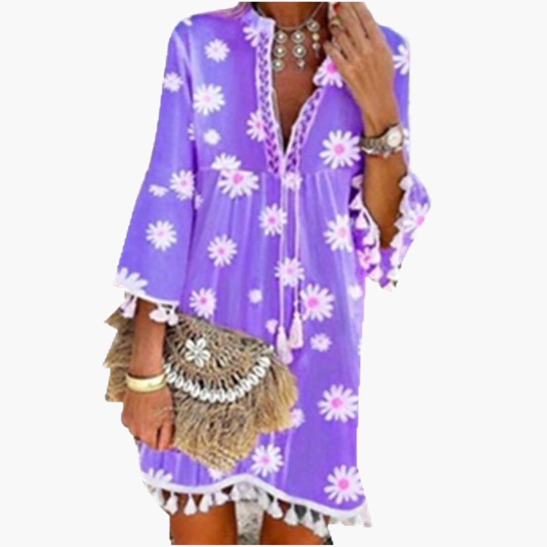 Women’s Beach Dress with V Neck and Tassel Hem