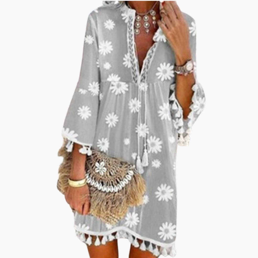 Women’s Beach Dress with V Neck and Tassel Hem