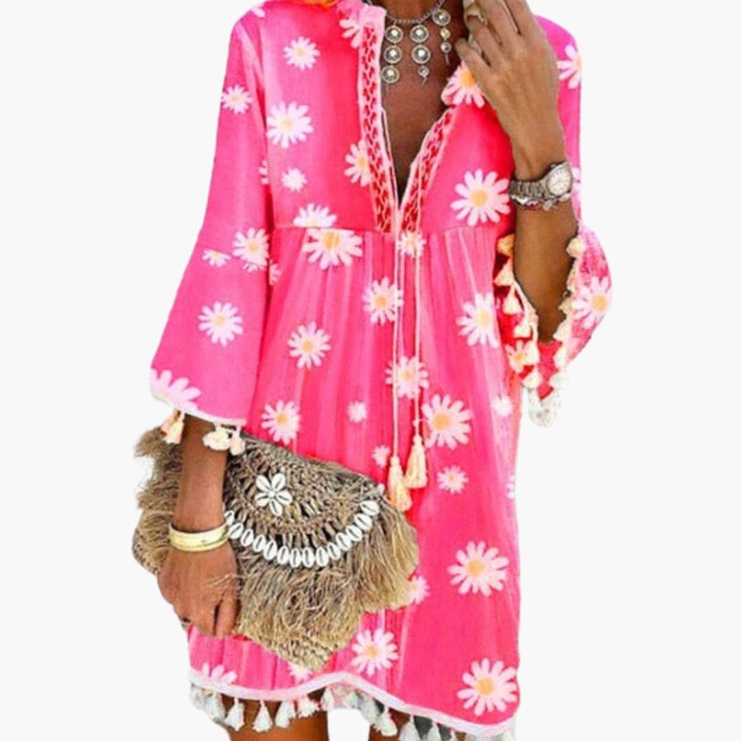 Women’s Beach Dress with V Neck and Tassel Hem