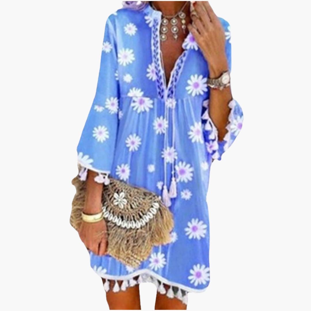 Women’s Beach Dress with V Neck and Tassel Hem