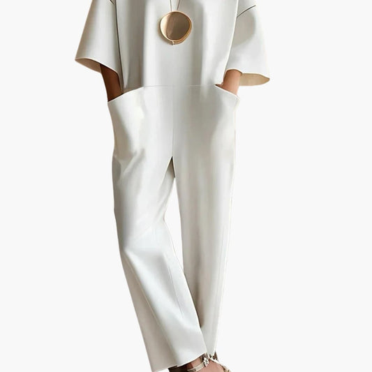 Women’s Short Sleeve Jumpsuit with Straight Leg Pants and Back Zipper