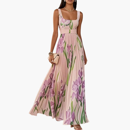 Women’s Square Neck Maxi Dress Sleeveless Pleated A-Line Long Dress