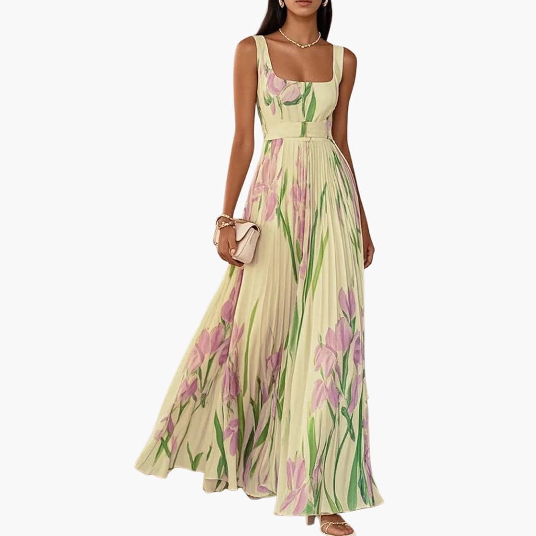 Women’s Square Neck Maxi Dress Sleeveless Pleated A-Line Long Dress