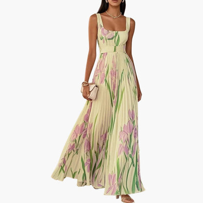 Women’s Square Neck Maxi Dress Sleeveless Pleated A-Line Long Dress
