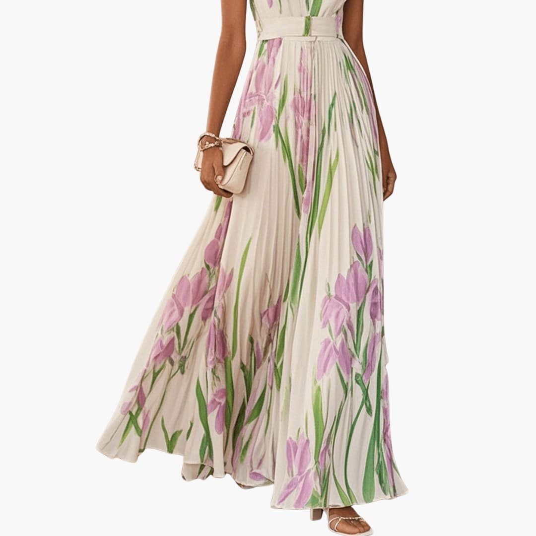 Women’s Square Neck Maxi Dress Sleeveless Pleated A-Line Long Dress