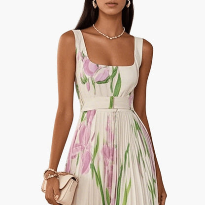 Women’s Square Neck Maxi Dress Sleeveless Pleated A-Line Long Dress