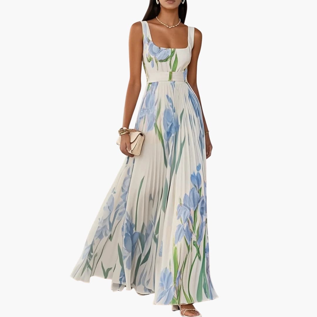 Women’s Square Neck Maxi Dress Sleeveless Pleated A-Line Long Dress