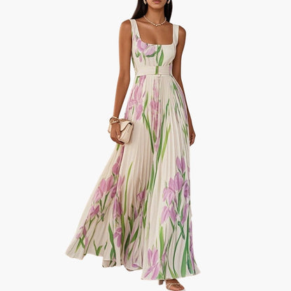 Women’s Square Neck Maxi Dress Sleeveless Pleated A-Line Long Dress