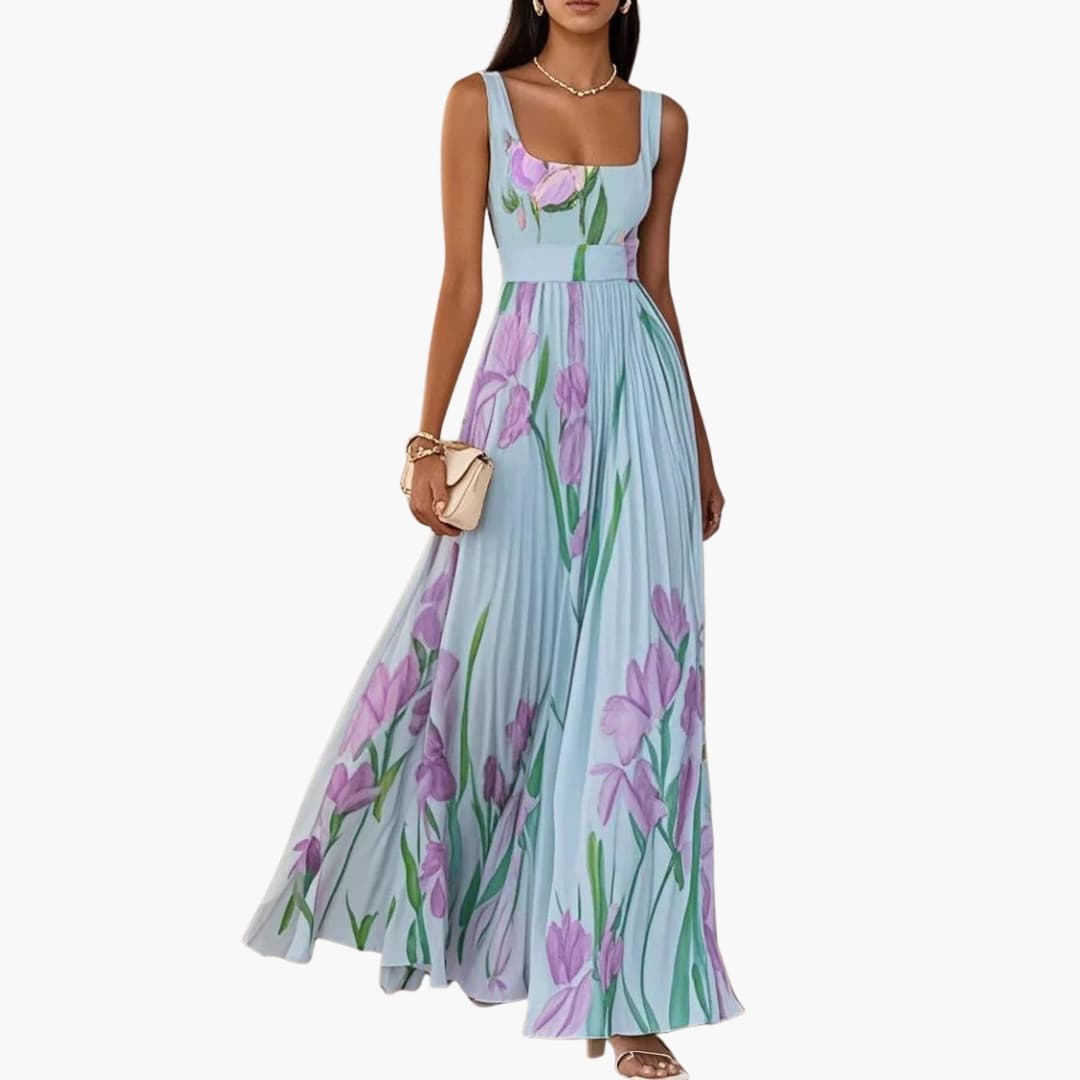 Women’s Square Neck Maxi Dress Sleeveless Pleated A-Line Long Dress