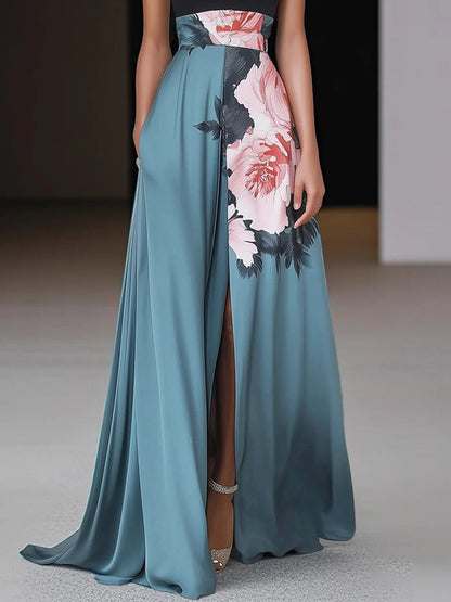 Janelle™ | Black Slit Floral Classic Crew Neck Sleeveless A-Line Maxi Dress