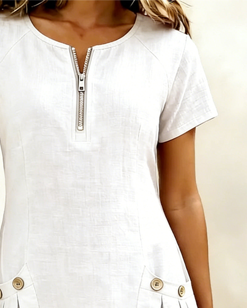 Remi | Women's Shift Dress Short Sleeve Zip Neck with Pockets