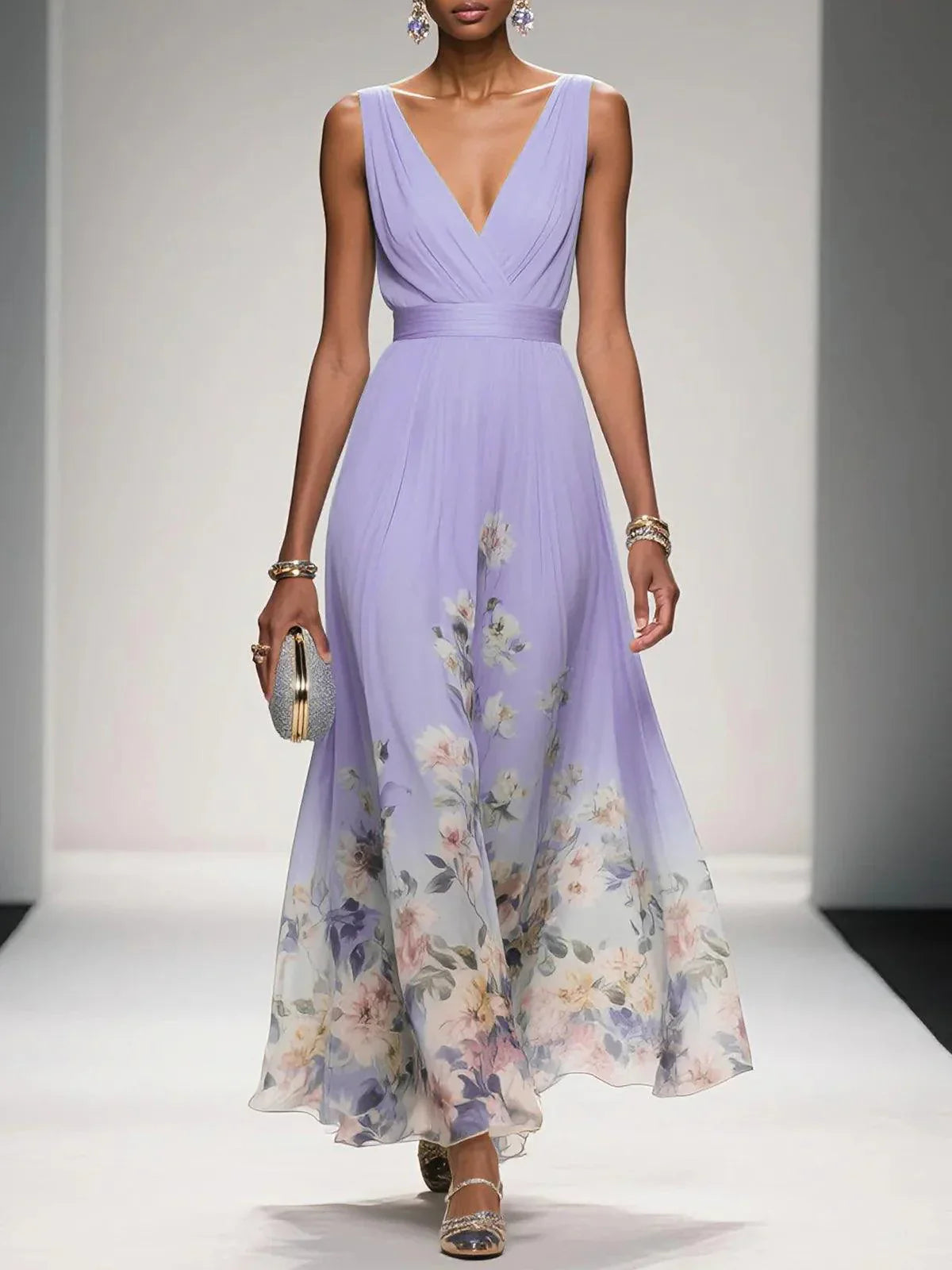Nevaeh™ | Light Blue Floral Chiffon Maxi Dress